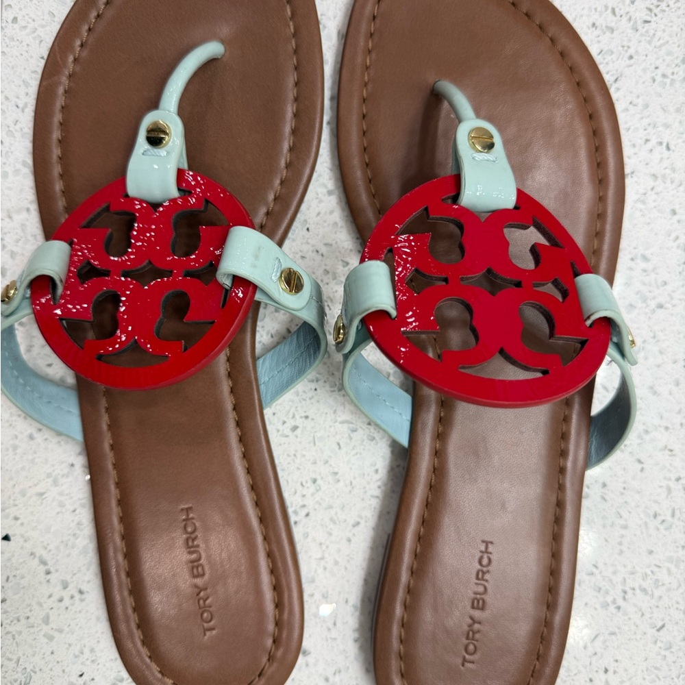 Tory Burch Red and Tan Sandals with Blue Accents